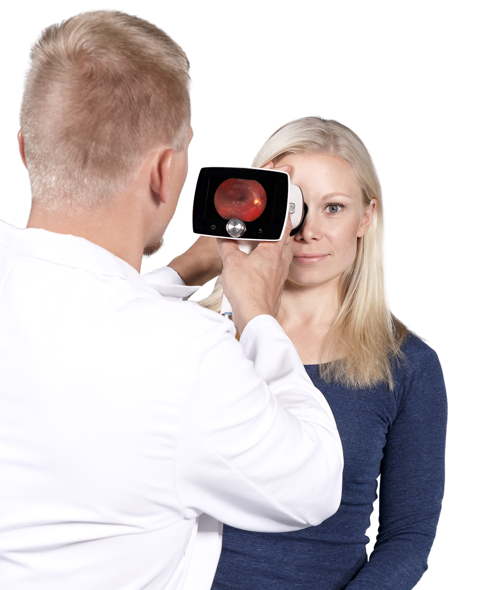 Clinician capturing a retina scan with a handheld fundus camera